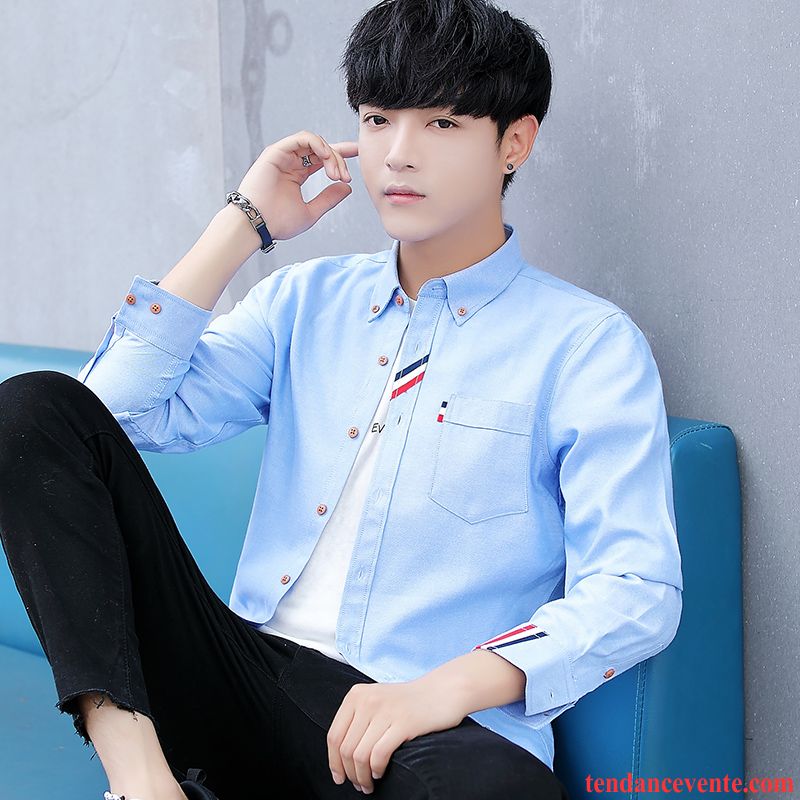 Chemise Jean Homme Manches Courtes Chemise Bleu Blanc Slim Décontractée L'automne Homme Longues Beau Tendance Étudiant Chameau