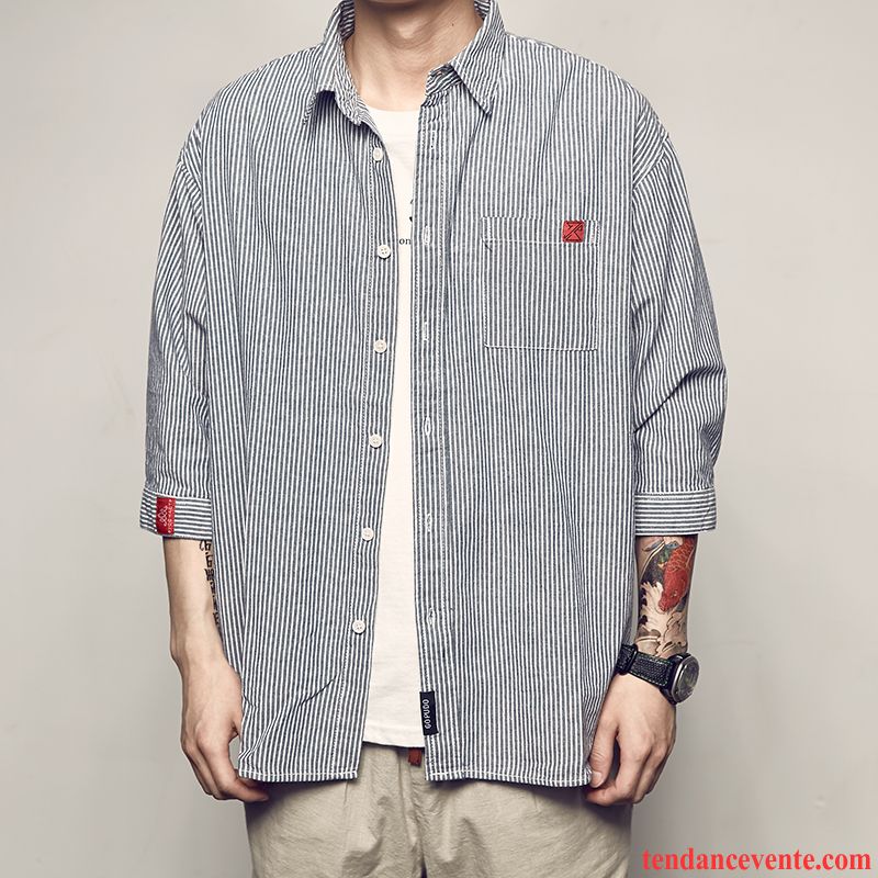 Chemise Noire Homme Pas Cher Chemise Gris Rayé Homme Tendance Été Jeunesse Rétro Bronzer