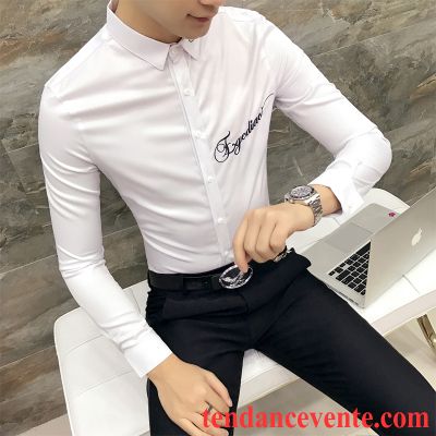 Chemises Cintrées Pour Homme Noir Chemise Tendance Tous Les Assortis Broderie Jeunesse Longues Homme Personnalité Slim L'automne Britanique Violet