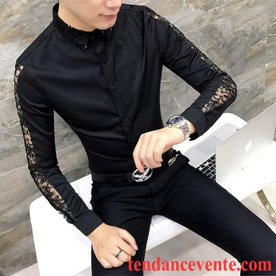 Chemises Cintrées Pour Homme Noir Chemise Tendance Tous Les Assortis Broderie Jeunesse Longues Homme Personnalité Slim L'automne Britanique Violet