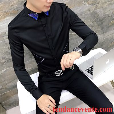 Chemises Cintrées Pour Homme Noir Chemise Tendance Tous Les Assortis Broderie Jeunesse Longues Homme Personnalité Slim L'automne Britanique Violet