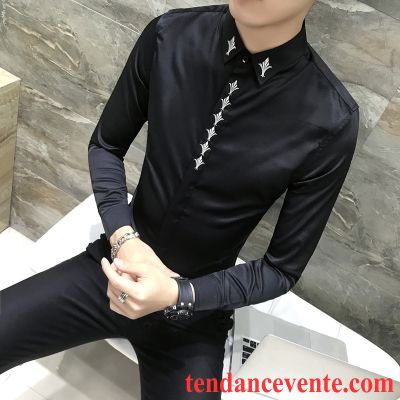 Chemises Cintrées Pour Homme Noir Chemise Tendance Tous Les Assortis Broderie Jeunesse Longues Homme Personnalité Slim L'automne Britanique Violet