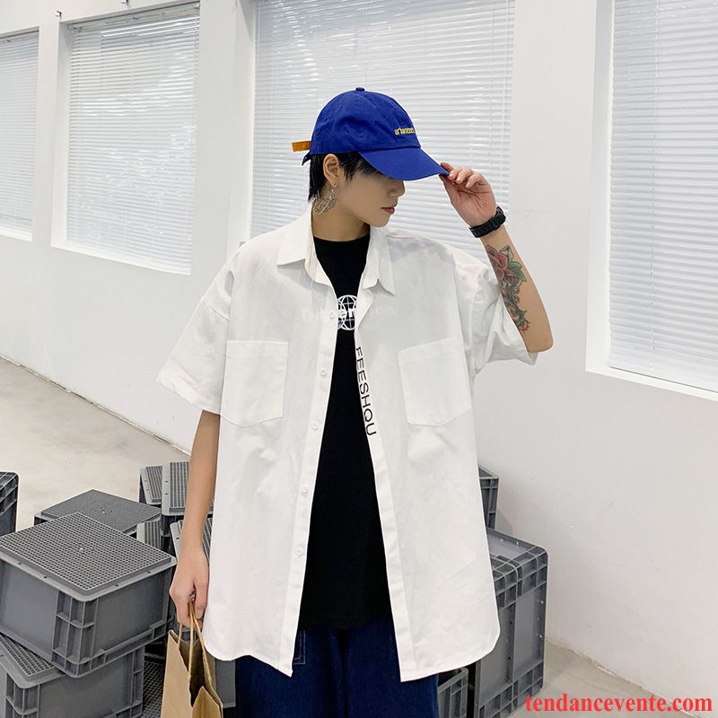 Chemises Homme Baggy Graisse Courte Été Demi Manche Taillissime Impression Jaune