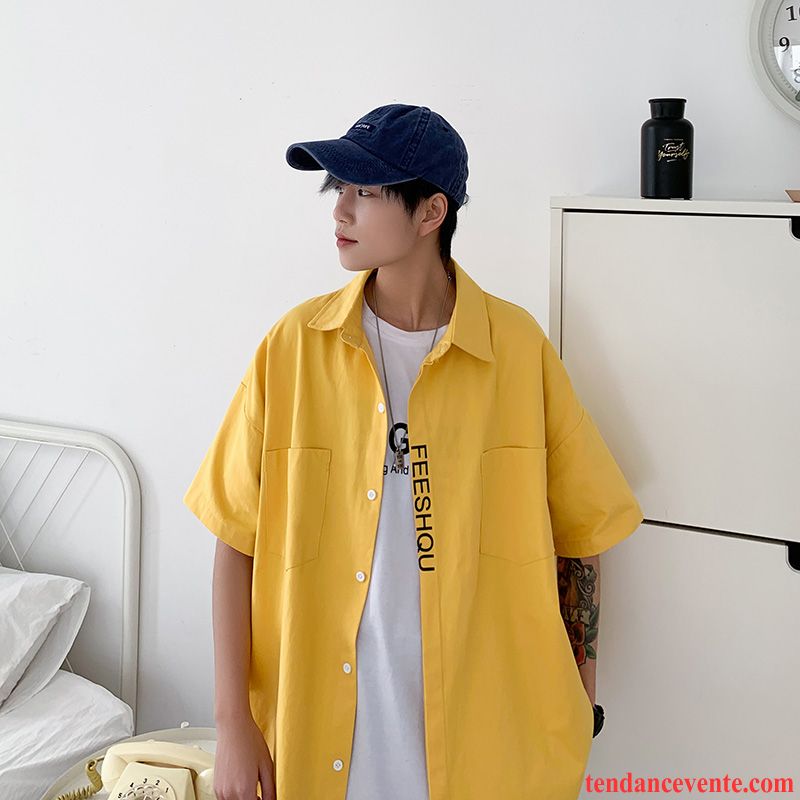 Chemises Homme Baggy Graisse Courte Été Demi Manche Taillissime Impression Jaune