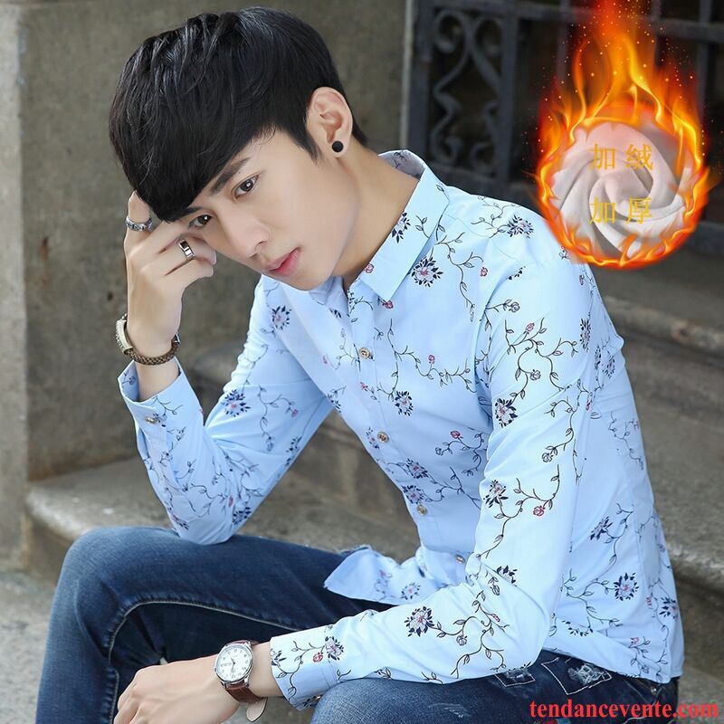 Chemises Homme Chemise En Bas Plus De Velours Tendance Longues Renforcé Style Chinois Impression Blanc