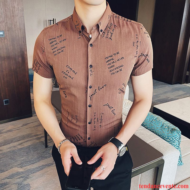 Chemises Homme Courte Beau Racé Britanique De Travail Personnalité Impression Brun