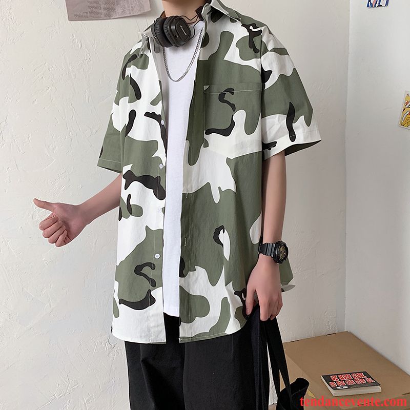 Chemises Homme Courte Camouflage Tous Les Assortis Tendance Décontractée Beau Vert