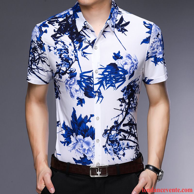 Chemises Homme Courte Style Chinois Tendance Fleur Personnalité Été Impression Bleu