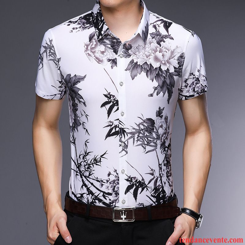 Chemises Homme Courte Style Chinois Tendance Fleur Personnalité Été Impression Bleu