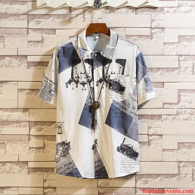 Chemises Homme Courte Taillissime Graisse Tendance Été Baggy Impression Couleur De Contraste Noir