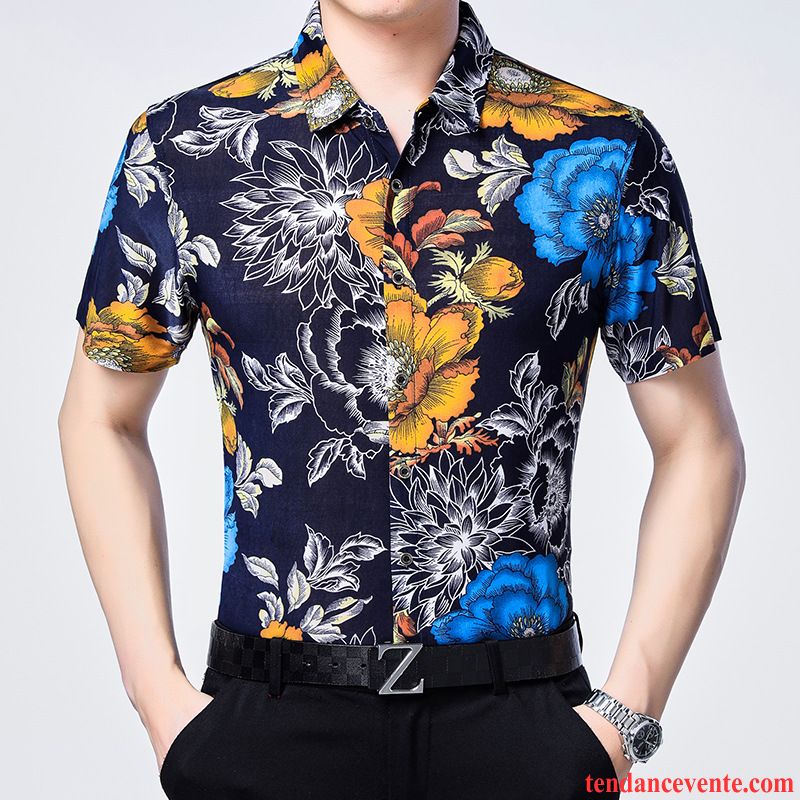 Chemises Homme Courte Été Fleurs Plage Gros Motif Impression Coloré