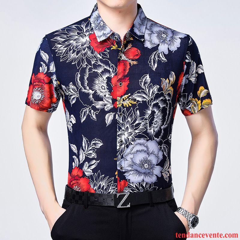 Chemises Homme Courte Été Fleurs Plage Gros Motif Impression Coloré