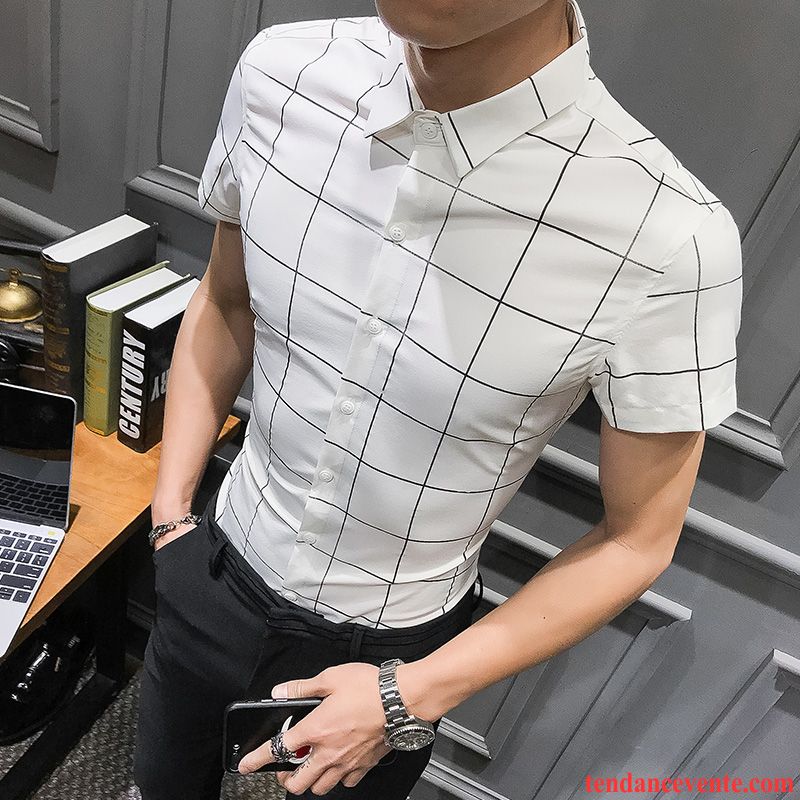 Chemises Homme Décontractée Courte Slim Tendance Carreaux Britanique Blanc