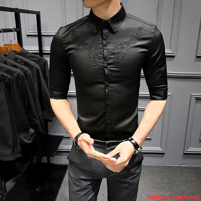 Chemises Homme Décontractée Manche Slim Tendance Courte Une Veste Noir