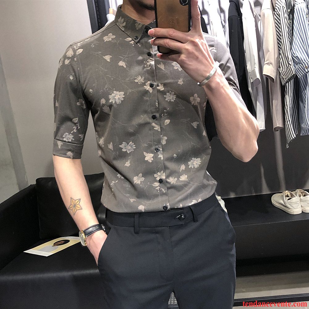 Chemises Homme Floral Personnalité Rétro Slim Été Fleur Gris