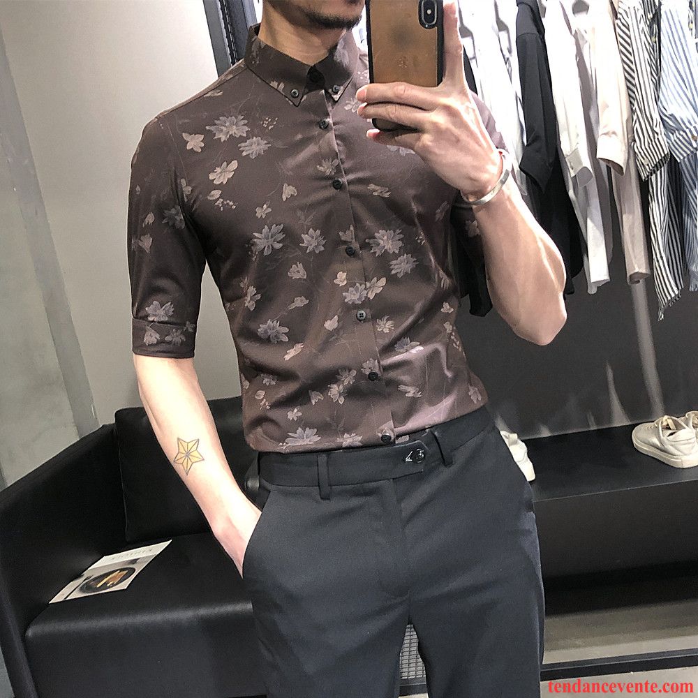 Chemises Homme Floral Personnalité Rétro Slim Été Fleur Gris