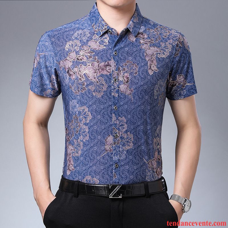 Chemises Homme Jeunesse Motif Été Fleur Personnalité Floral Impression Bleu Or