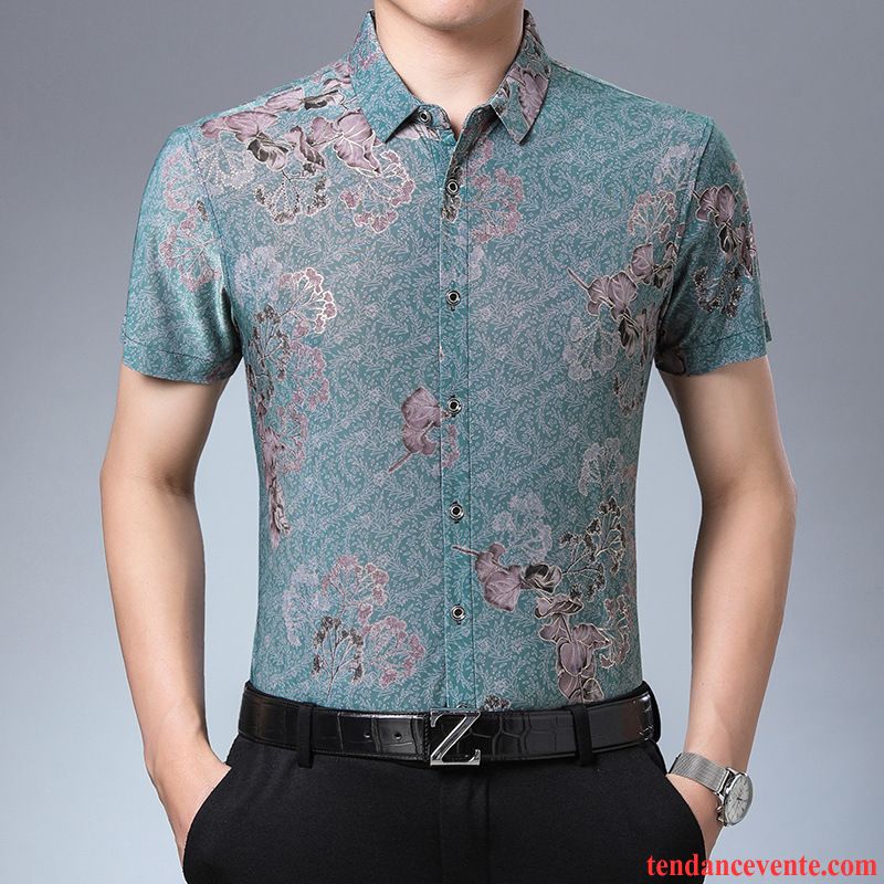 Chemises Homme Jeunesse Motif Été Fleur Personnalité Floral Impression Bleu Or