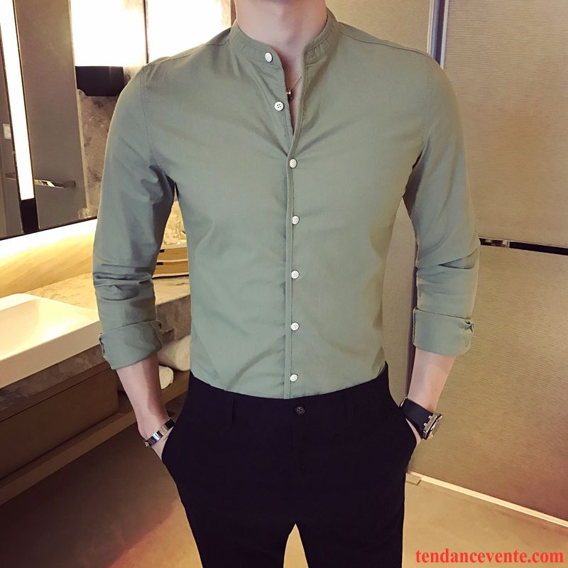 Chemises Homme Longues Slim Jeunesse De Travail Décontractée Tendance Pure Noir