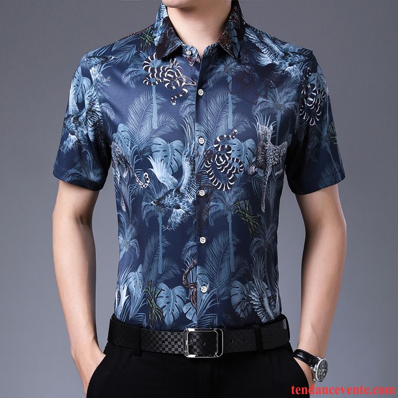 Chemises Homme Motif Courte Été Fleur Mode Tendance Impression Bleu