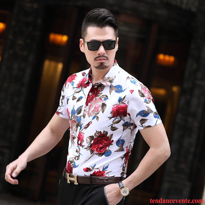 Chemises Homme Motif Style Chinois Demi Manche Fleur Courte Tendance Rose Impression Bleu