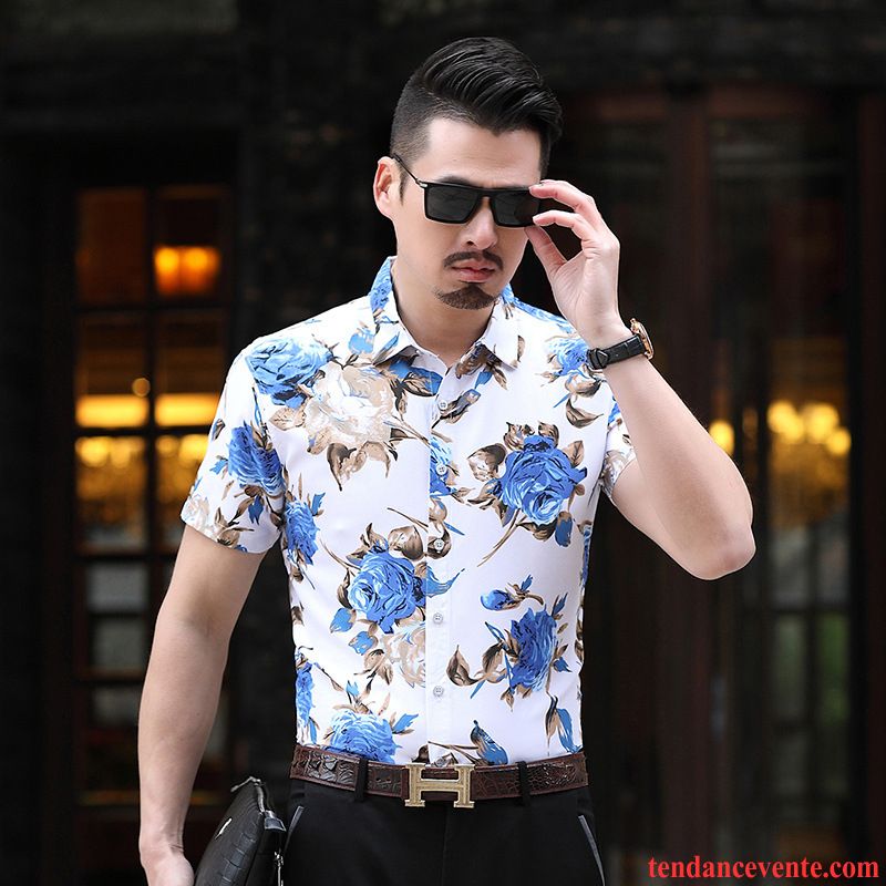 Chemises Homme Motif Style Chinois Demi Manche Fleur Courte Tendance Rose Impression Bleu