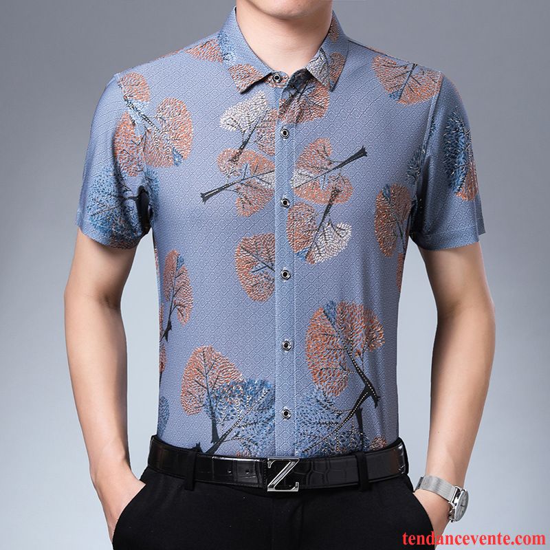Chemises Homme Personnalité Jeunesse Fleur Décontractée Mode Courte Impression Bleu
