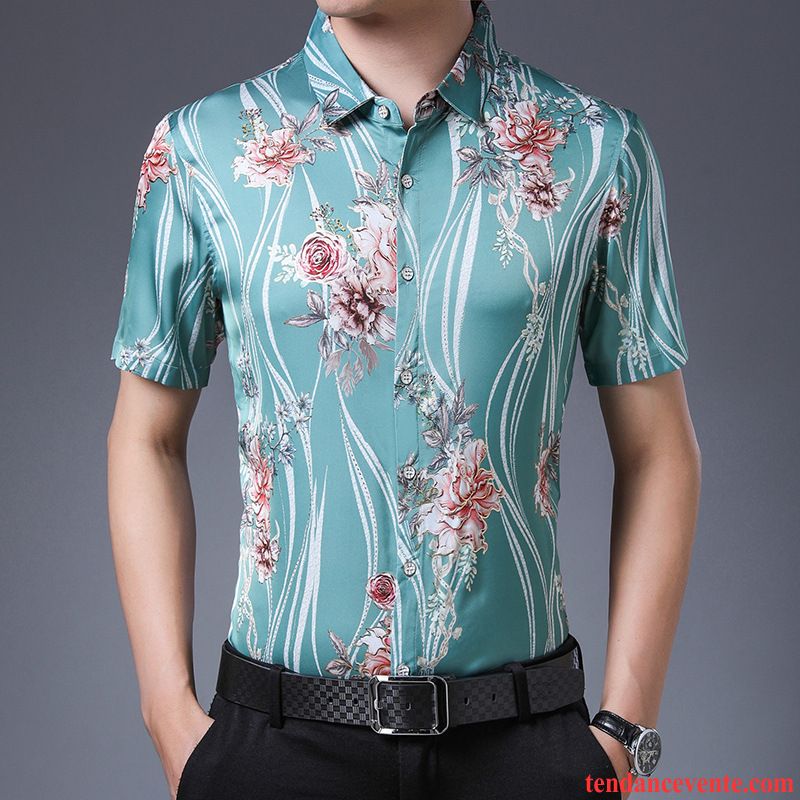 Chemises Homme Personnalité Motif Courte Fleurs Été Mode Impression Rose Or