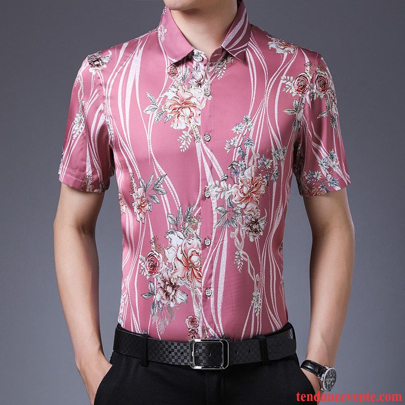 Chemises Homme Personnalité Motif Courte Fleurs Été Mode Impression Rose Or