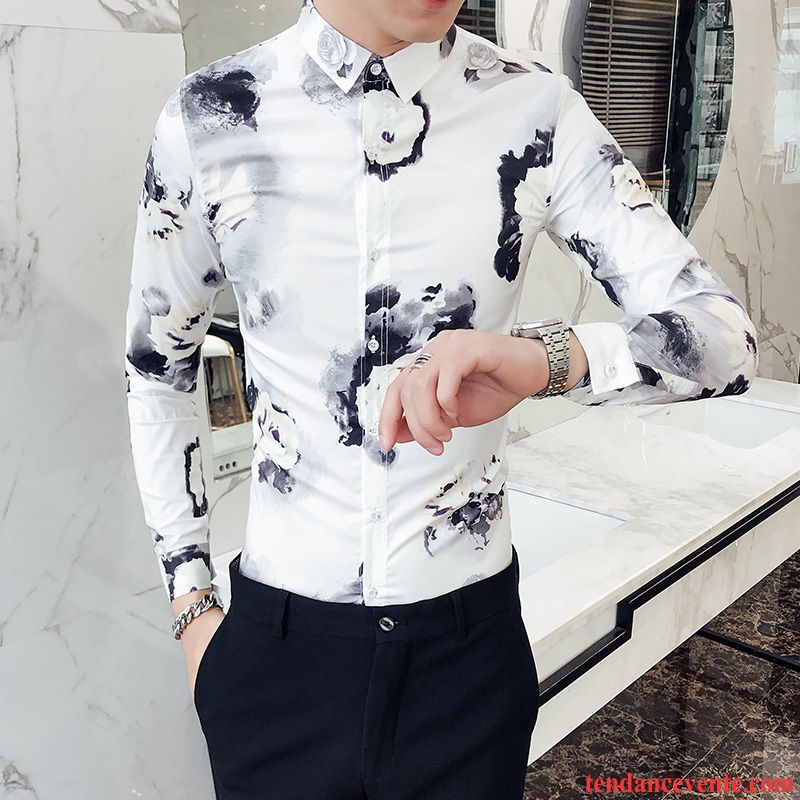 Chemises Homme Personnalité Printemps Style Chinois Longues Encre Slim Impression Blanc