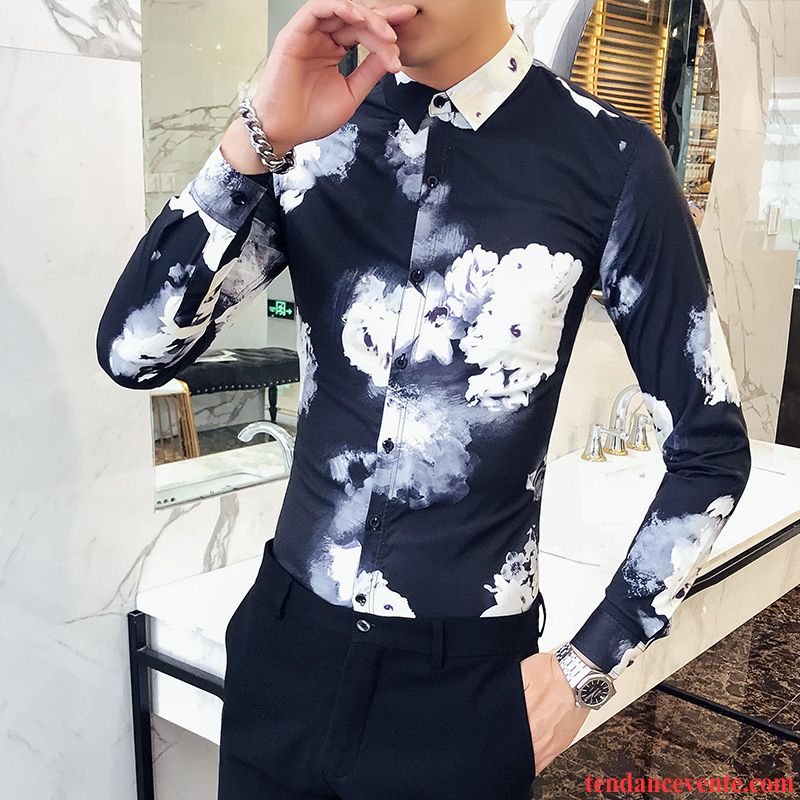 Chemises Homme Personnalité Printemps Style Chinois Longues Encre Slim Impression Blanc