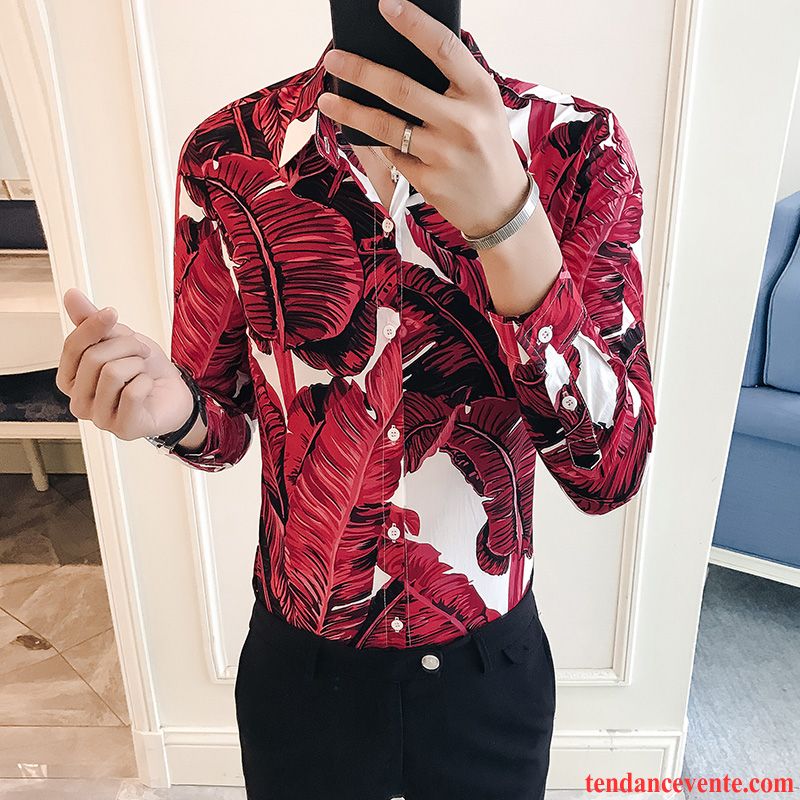 Chemises Homme Tendance L'automne Slim Fleur Beau Longues Rouge