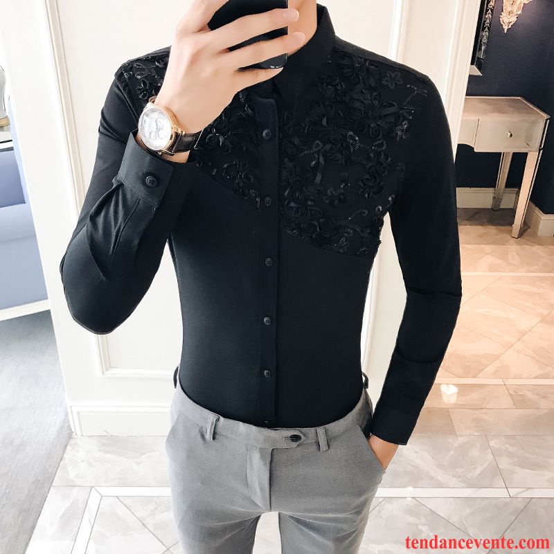 Chemises Homme Tendance Slim Longues Broderie Blanc