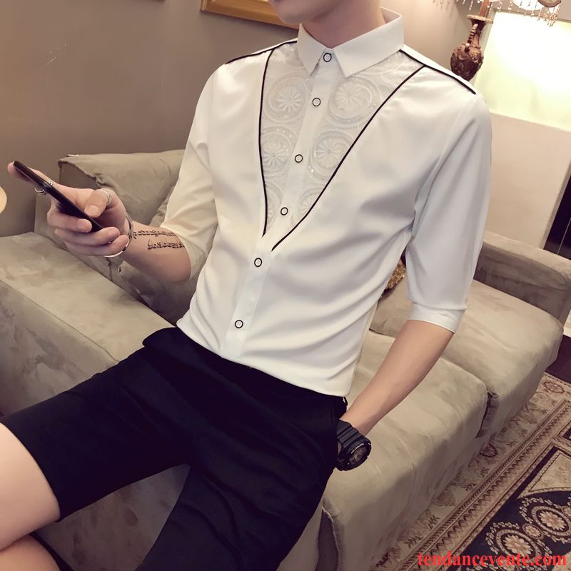 Chemises Homme Été Courte Épissure Beau Slim Tendance Noir Rouge