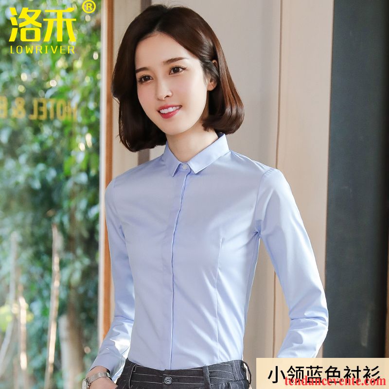 Chemisiers Femme Col Mandarin Printemps Longues L'automne Chemise Bureau Bleu Blanc