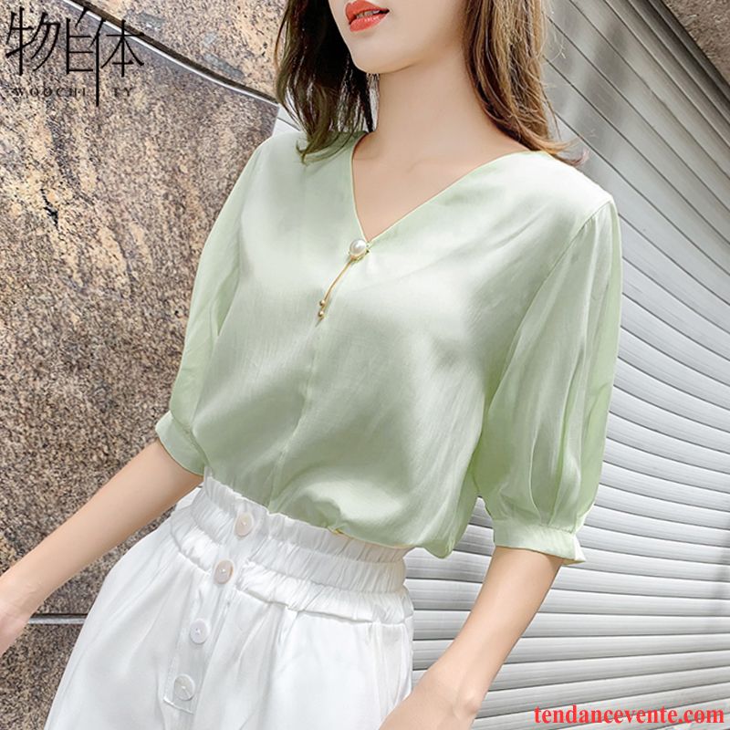 Chemisiers Femme Courte Tendance Mousseline De Soie Une Veste Chemise Ultra Vert