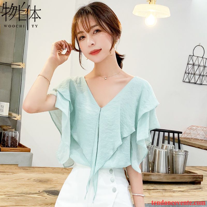 Chemisiers Femme Courte Tendance Mousseline De Soie Une Veste Chemise Ultra Vert