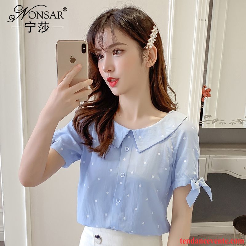 Chemisiers Femme Ultra Chemise Courte Chemise En Bas Été Mousseline De Soie Bleu