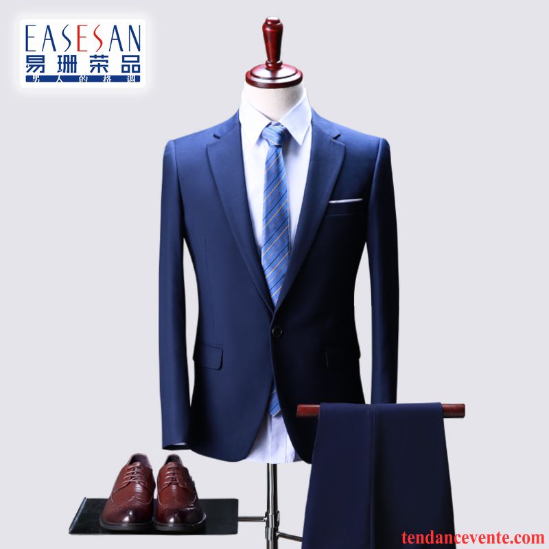 Costume Bleu Marine Homme Slim Ensemble Décontractée De Travail Blazer Professionnel Mariage Pas Cher