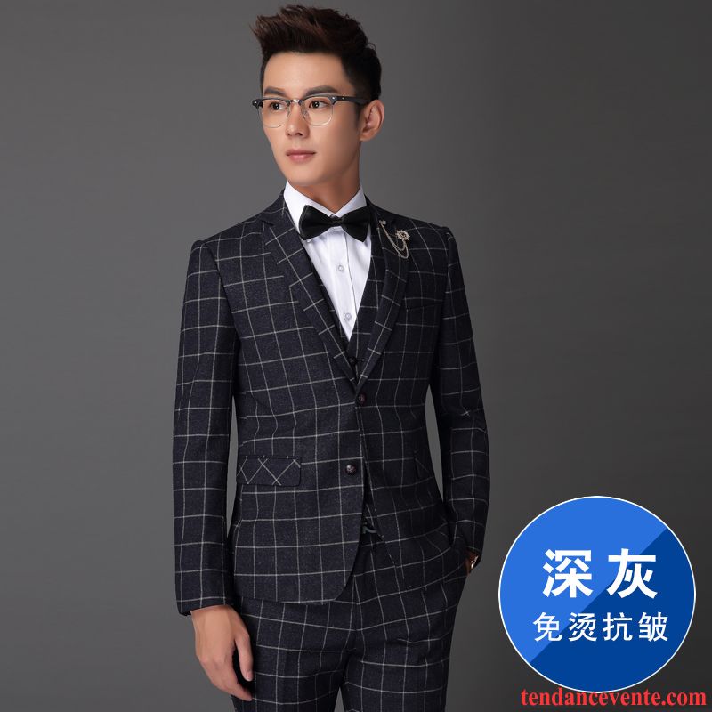 Costume Homme Noir Slim Britanique Homme Ensemble Slim Carreaux Mariage Costume Décontractée