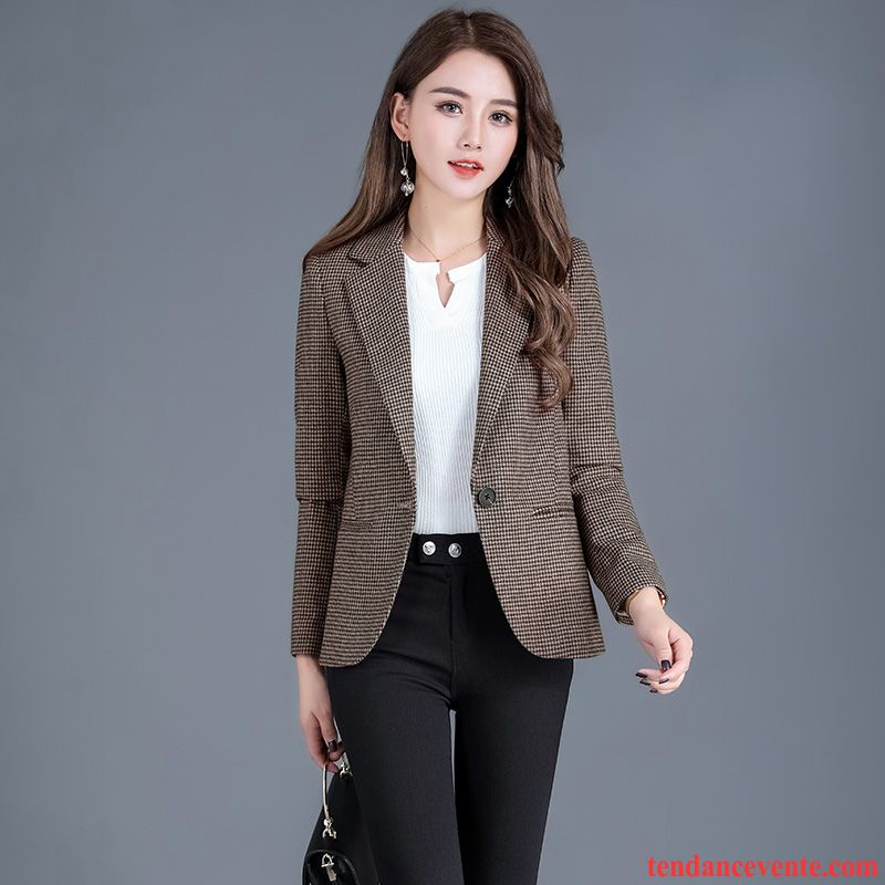 Costumes Blazer Femme Hiver Pardessus Carreaux Slim Court Décontractée Gris