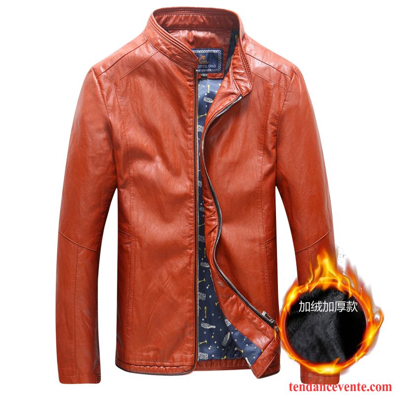 Cuir Homme Blouson Veste Renforcé Pu Pardessus Cuir Homme Hiver Jeunesse Col Mandarin Plus De Velours Slim Pierre