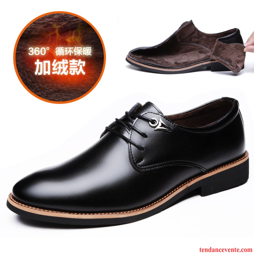 Derbies A Talon Noir Décontractée Angleterre Plus De Velours Entreprise Homme Tendance Hiver Cuir Véritable Jeunesse Noir Pointe Pointue