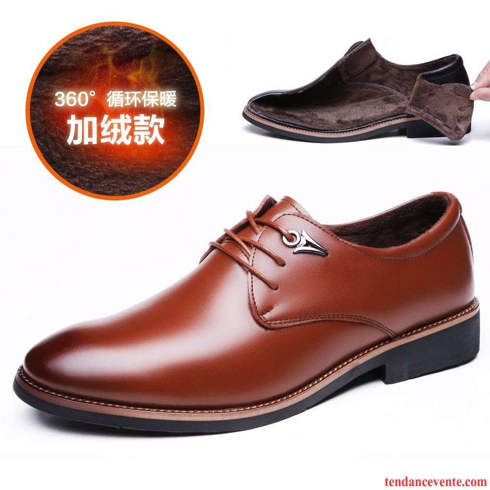 Derbies A Talon Noir Décontractée Angleterre Plus De Velours Entreprise Homme Tendance Hiver Cuir Véritable Jeunesse Noir Pointe Pointue