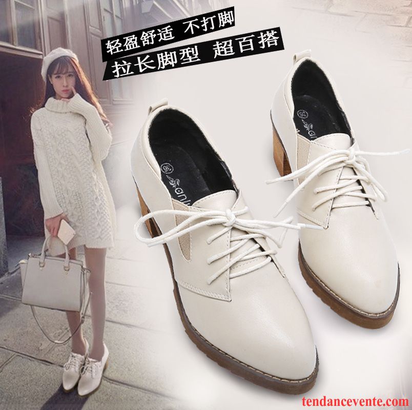 Derbies Femme Bleu Daim Printemps Laçage Blanc Épais Talons Hauts Angleterre Femme Pointe Pointue Campus Vent Blanc