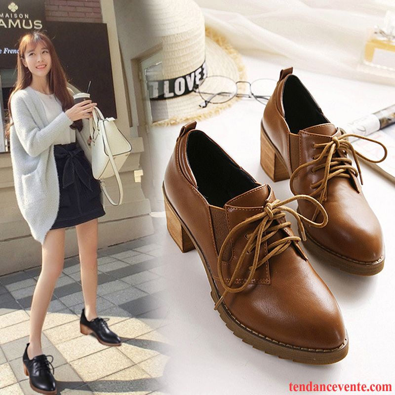 Derbies Femme Bleu Daim Printemps Laçage Blanc Épais Talons Hauts Angleterre Femme Pointe Pointue Campus Vent Blanc