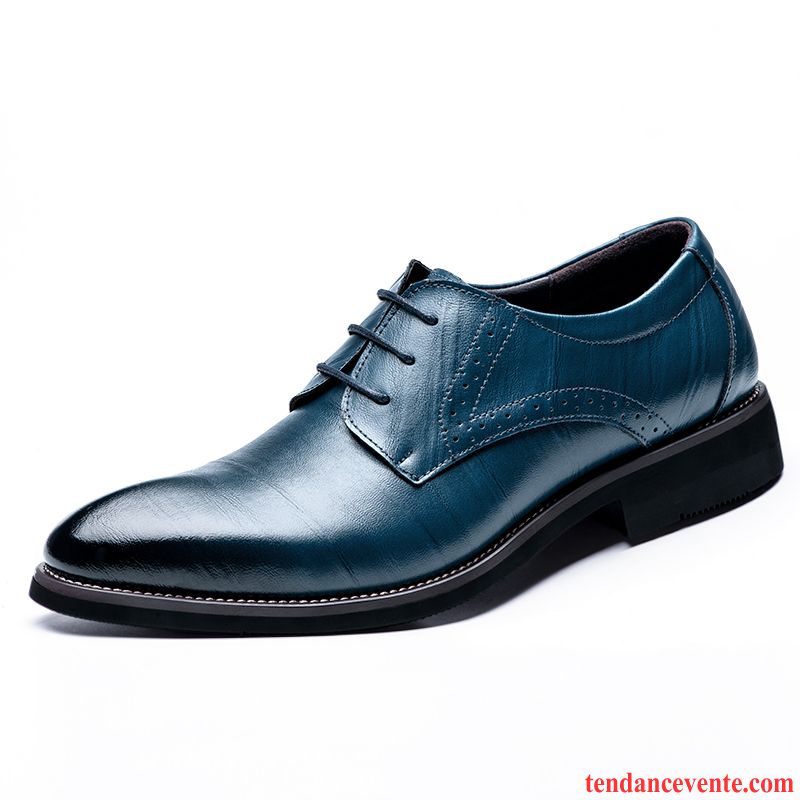 Derbies Homme Entreprise Été Respirant Pointe Pointue Cuir Véritable Décontractée Bleu