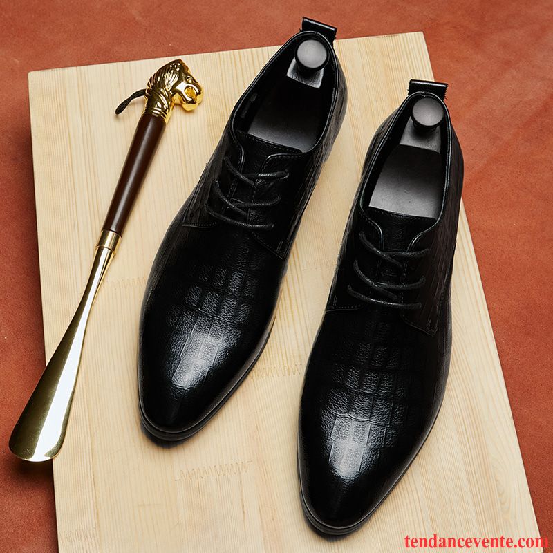 Derbies Homme Respirant Laçage Angleterre Entreprise Pointe Pointue Cuir Véritable Noir