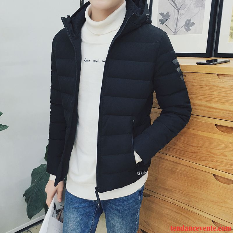 Doudoune Homme Noir Brillante Renforcé Hiver Tendance Homme Capuche Jeunesse Court Slim Pardessus Pas Cher