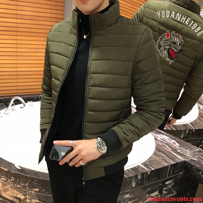 Doudoune Verte Homme Matelassée L'automne Militaire Vert Court Renforcé Manteau En Coton Pardessus Capuche Vêtements D'hiver Loup Homme Tendance